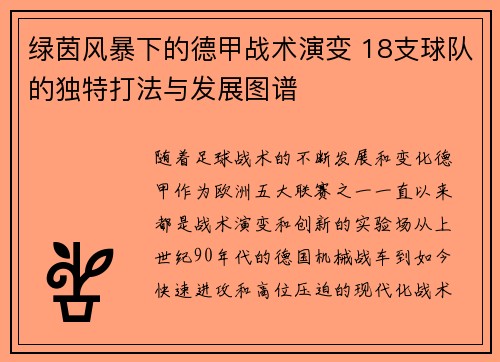 绿茵风暴下的德甲战术演变 18支球队的独特打法与发展图谱