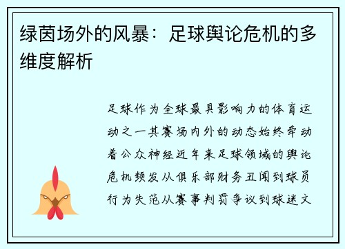 绿茵场外的风暴：足球舆论危机的多维度解析